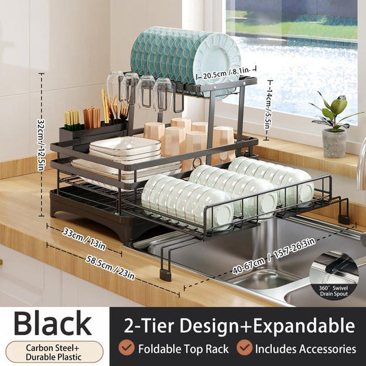 Foldable Over Sink Dish Drying Rack｜Pull-Out 2-Tier Dish Drainer with Utensil Holder｜Space Saving Kitchen Organizer for Small Kitchens